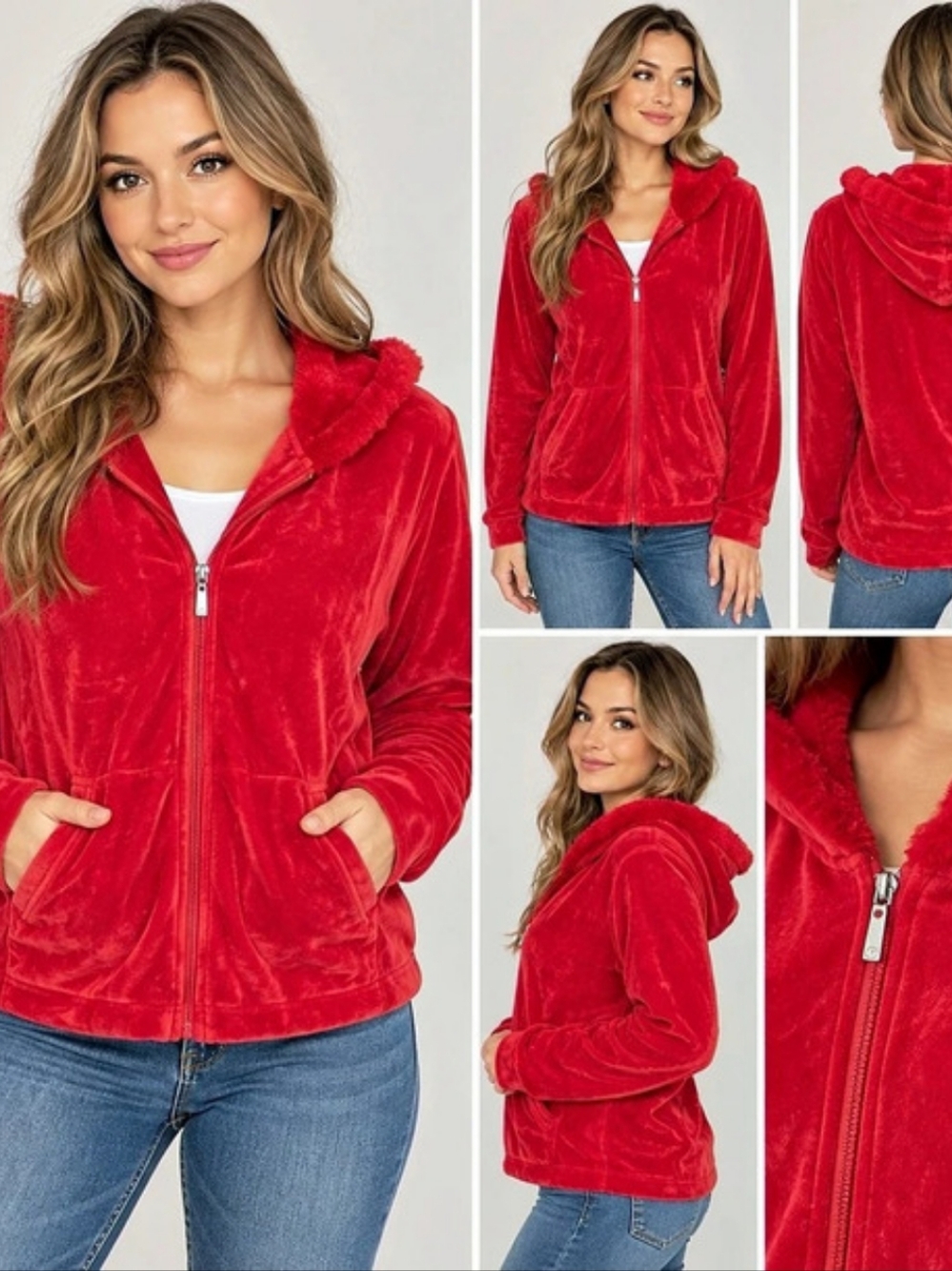 White Stag Red Velour Hooded Jacket Size XL Like New